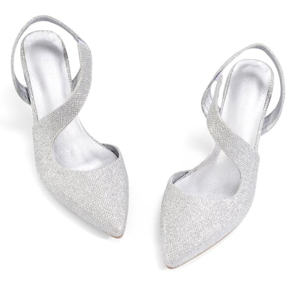 Rhinestone Silver Kitten Low Heel Sparkly Pumps Wedding Dressy Shoes for Women - Picture 5 of 9